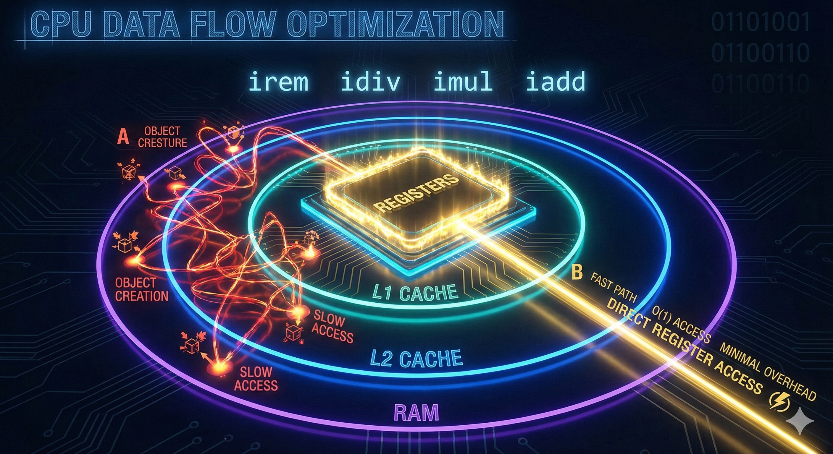 CPU data flow optimization showing registers, L1 cache, L2 cache, and RAM with efficient vs inefficient paths