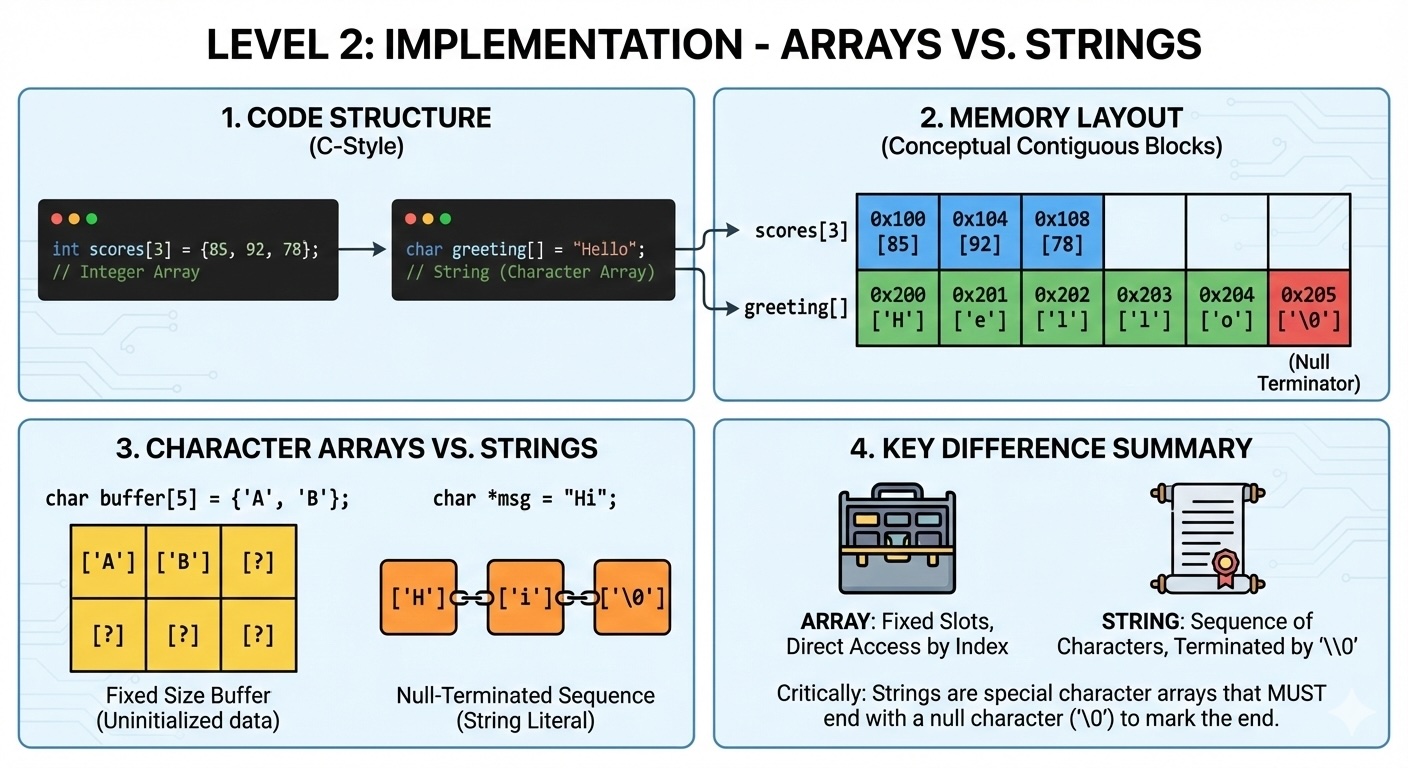 Technical diagram showing memory layout of arrays and strings with visual representation of data structures