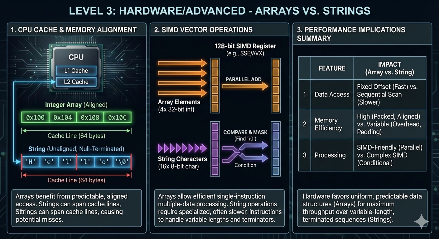 Advanced technical diagram showing CPU cache hierarchy, memory alignment, and SIMD vector operations