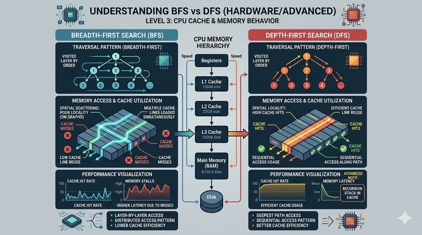 Memory layout, CPU cache, and performance optimization for BFS and DFS