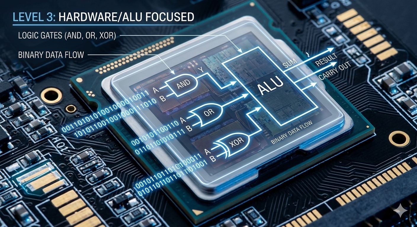 Technical schematic showing CPU ALU and binary circuit design