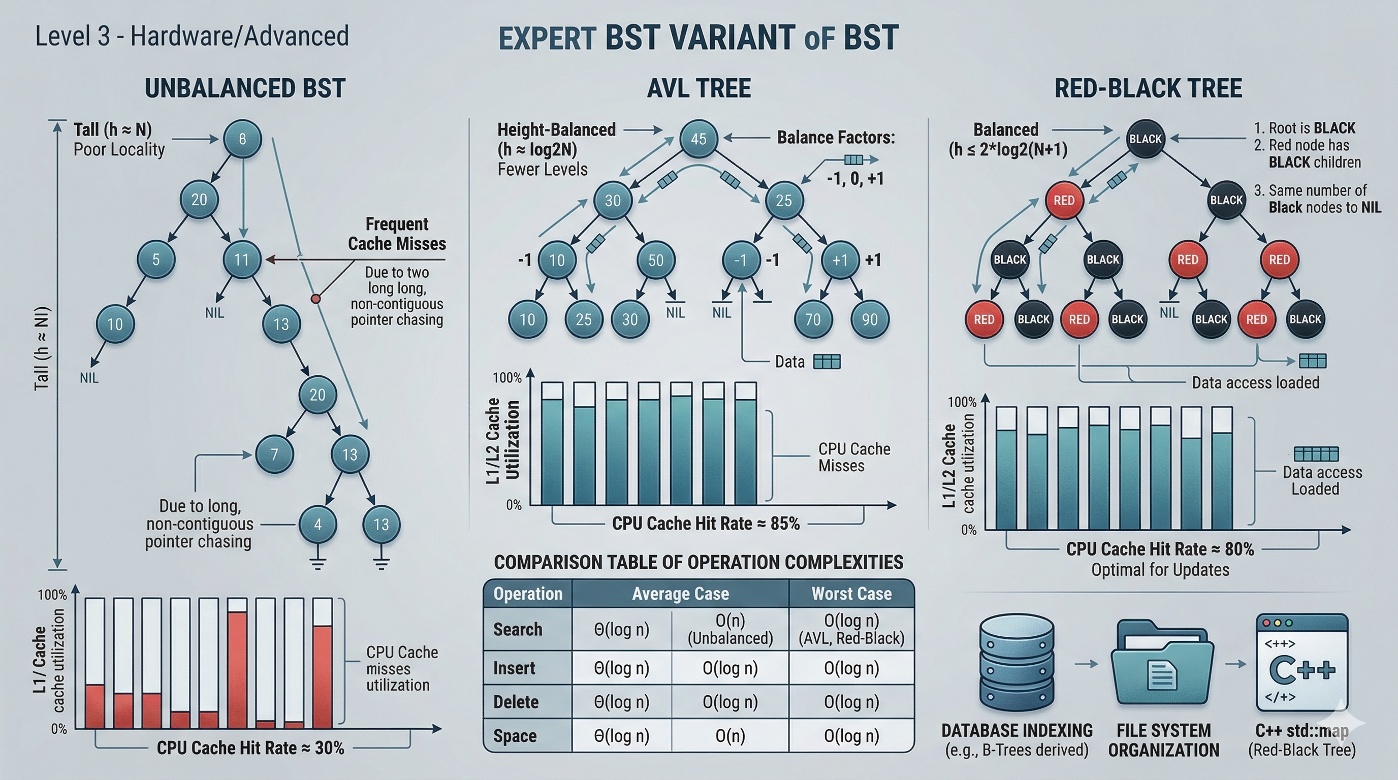 Advanced BST concepts including AVL trees and memory layout