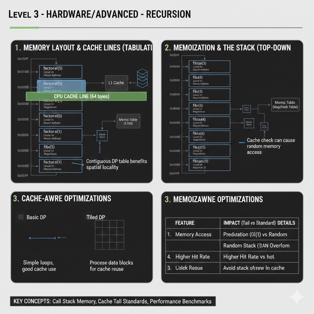 Memory layout visualization showing CPU cache lines and dynamic programming table access patterns