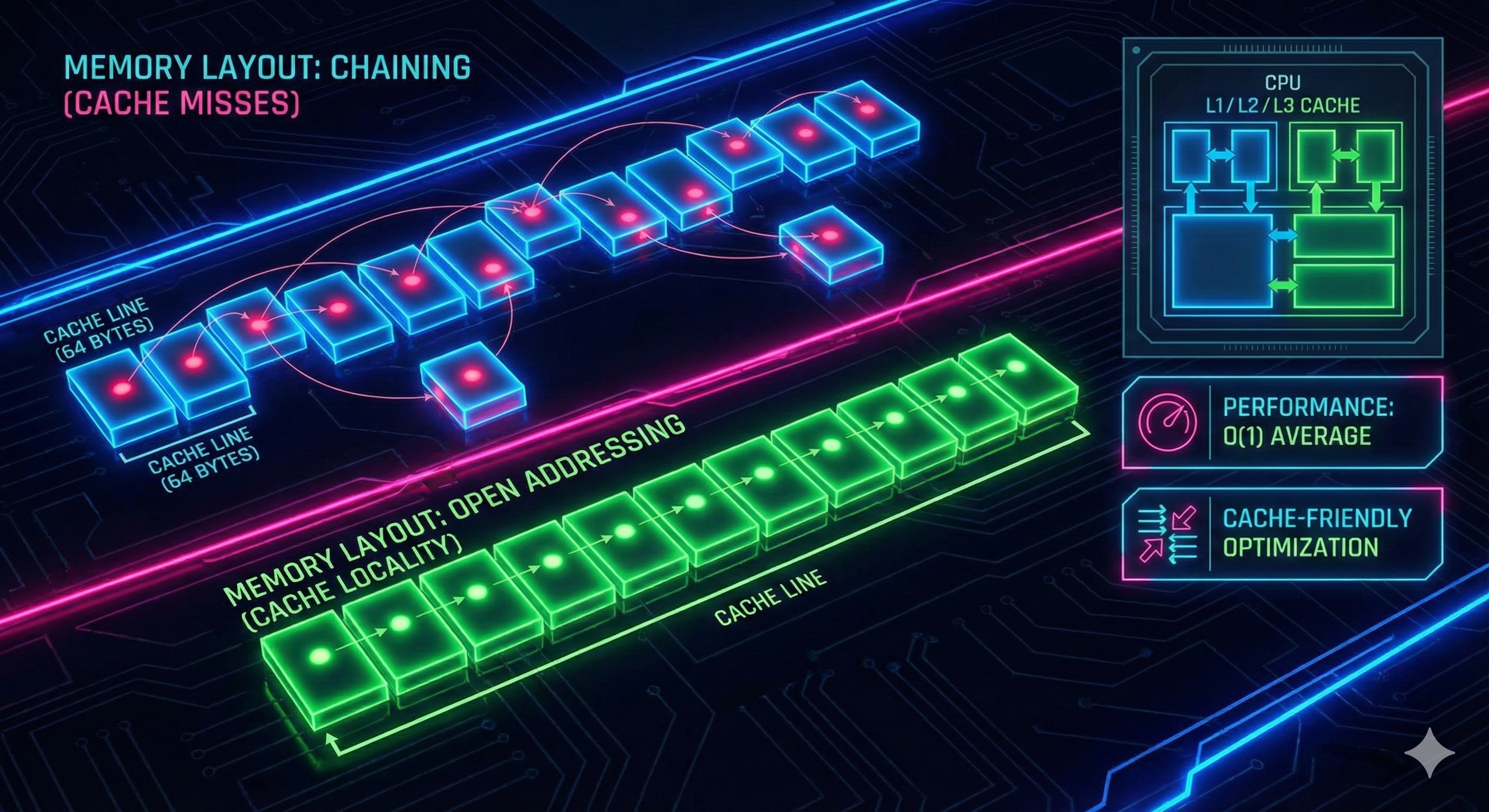 Memory layout visualization showing hash table internals and performance optimization