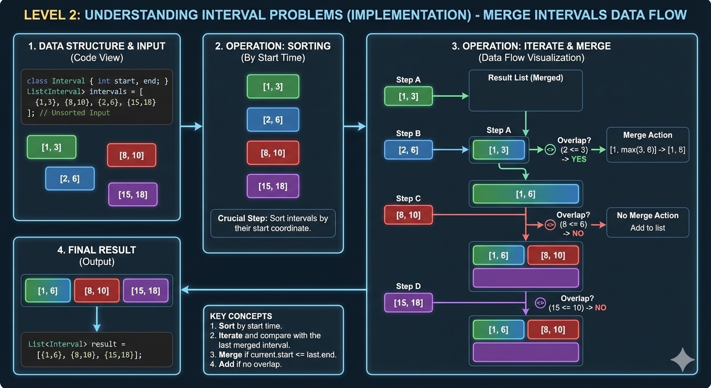 Technical diagram showing interval merging algorithm flow with code structure visualization