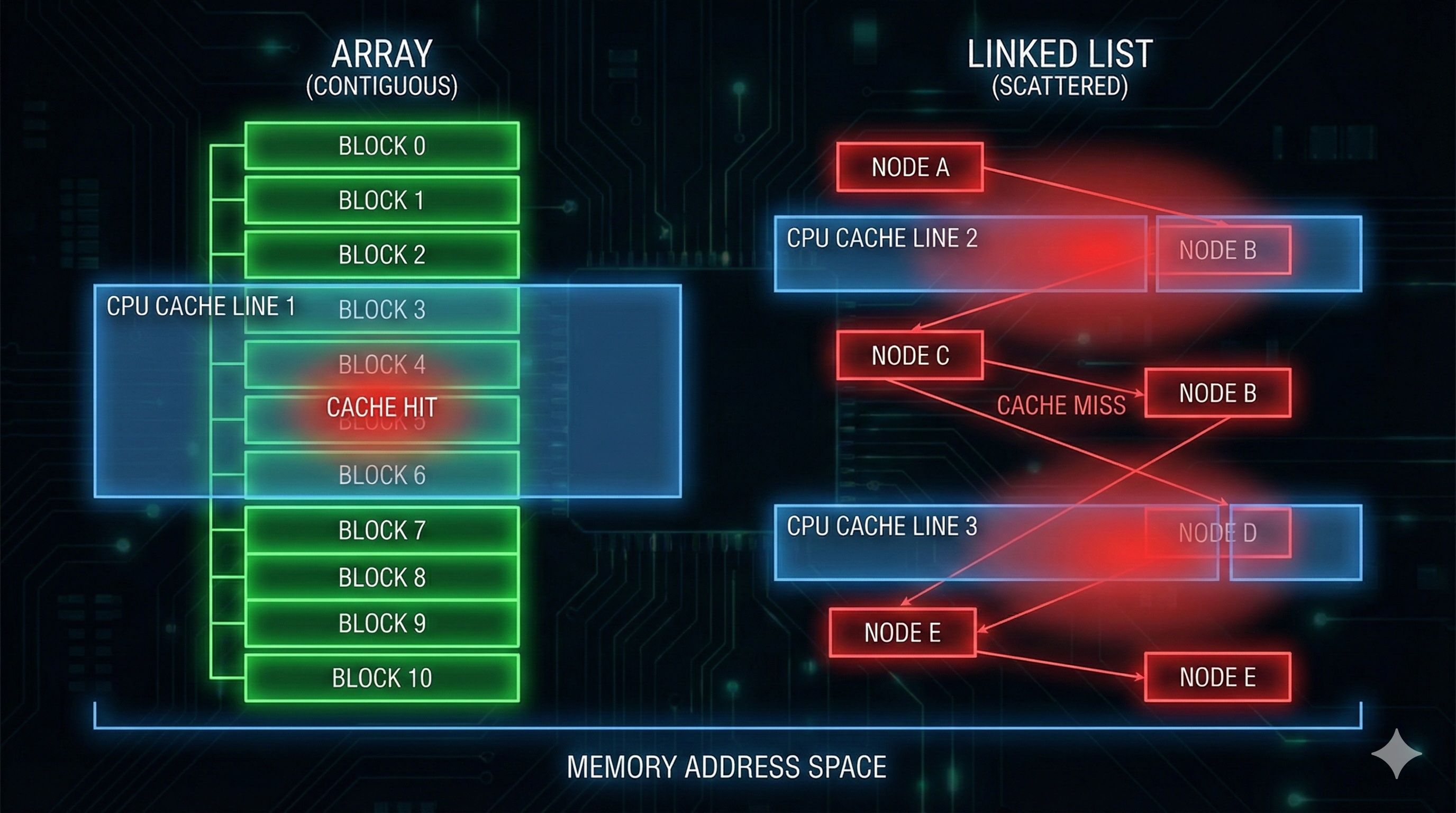 Memory layout visualization showing CPU cache lines and pointer chasing