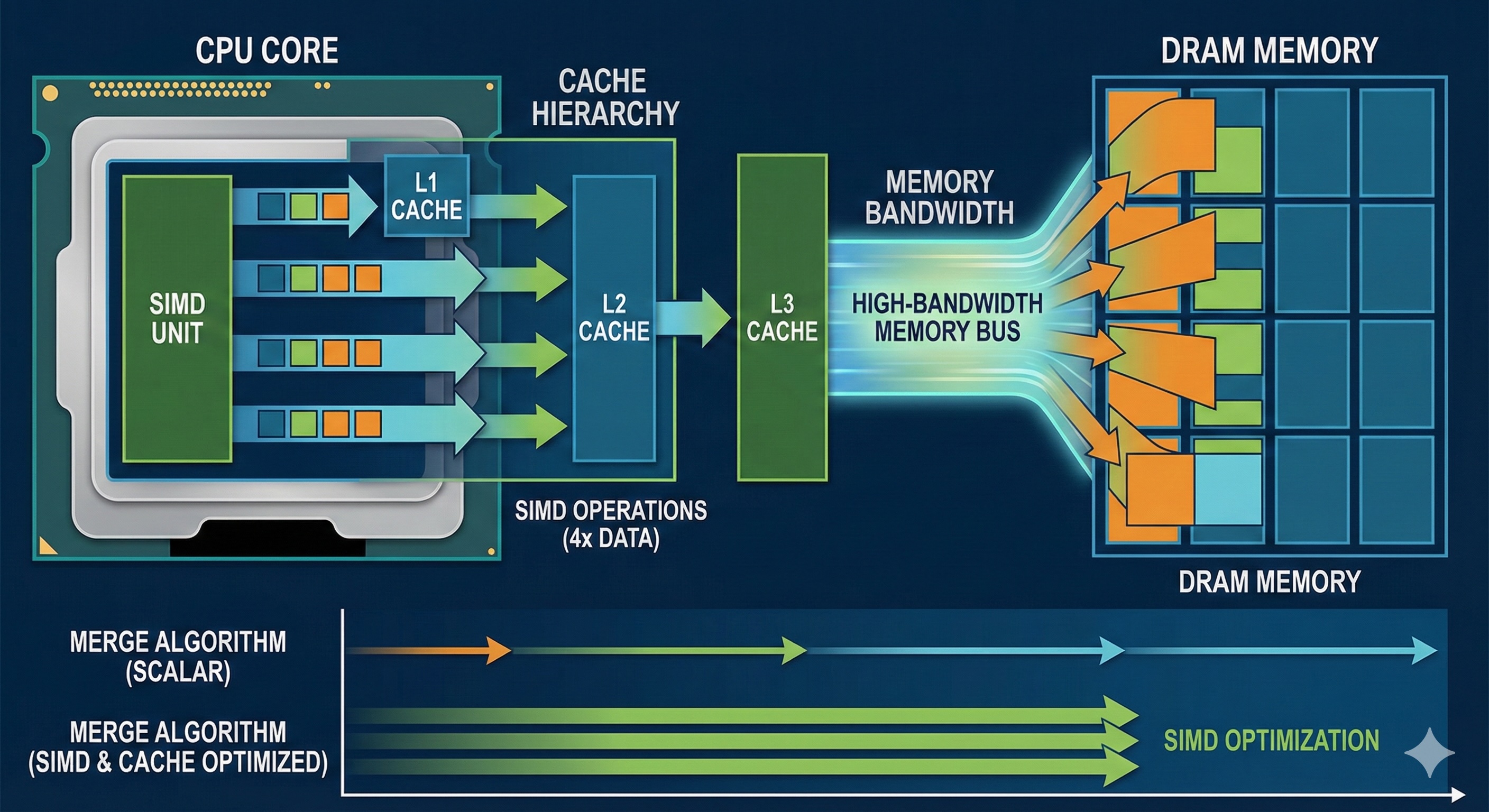 Memory hierarchy diagram showing CPU cache, RAM, and how merge algorithms interact with different memory levels