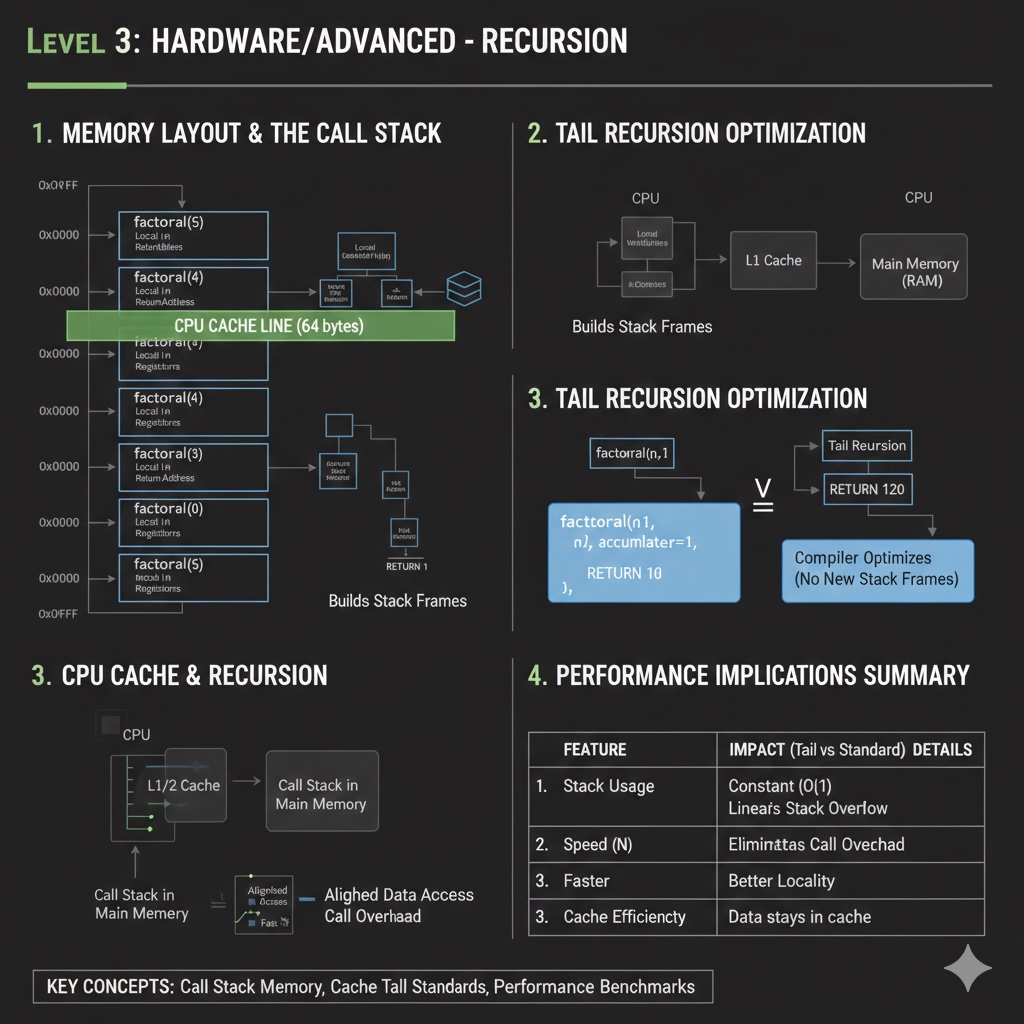 Memory stack visualization showing call frames and optimization techniques