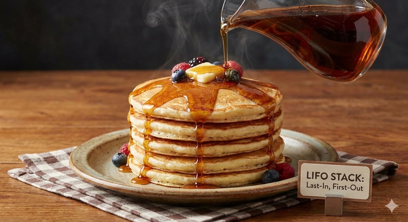 A tall stack of fluffy pancakes on a plate, syrup being poured on top