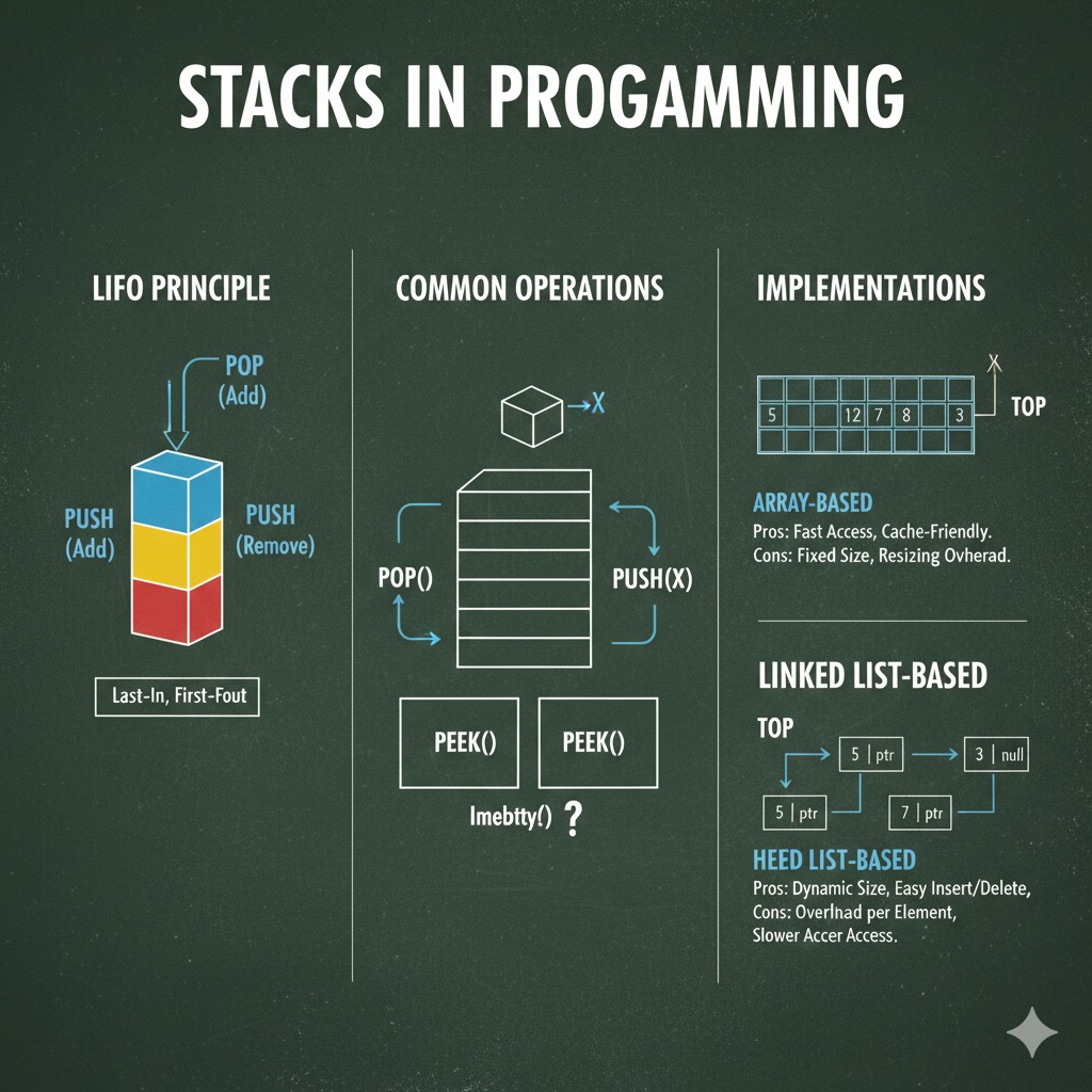 Code implementation showing stack operations and common patterns