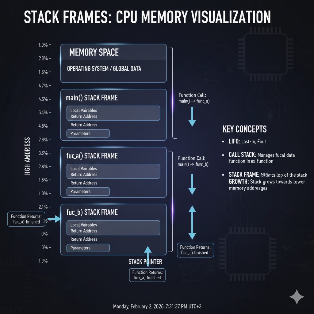 Memory layout visualization showing stack frames and call stack optimization