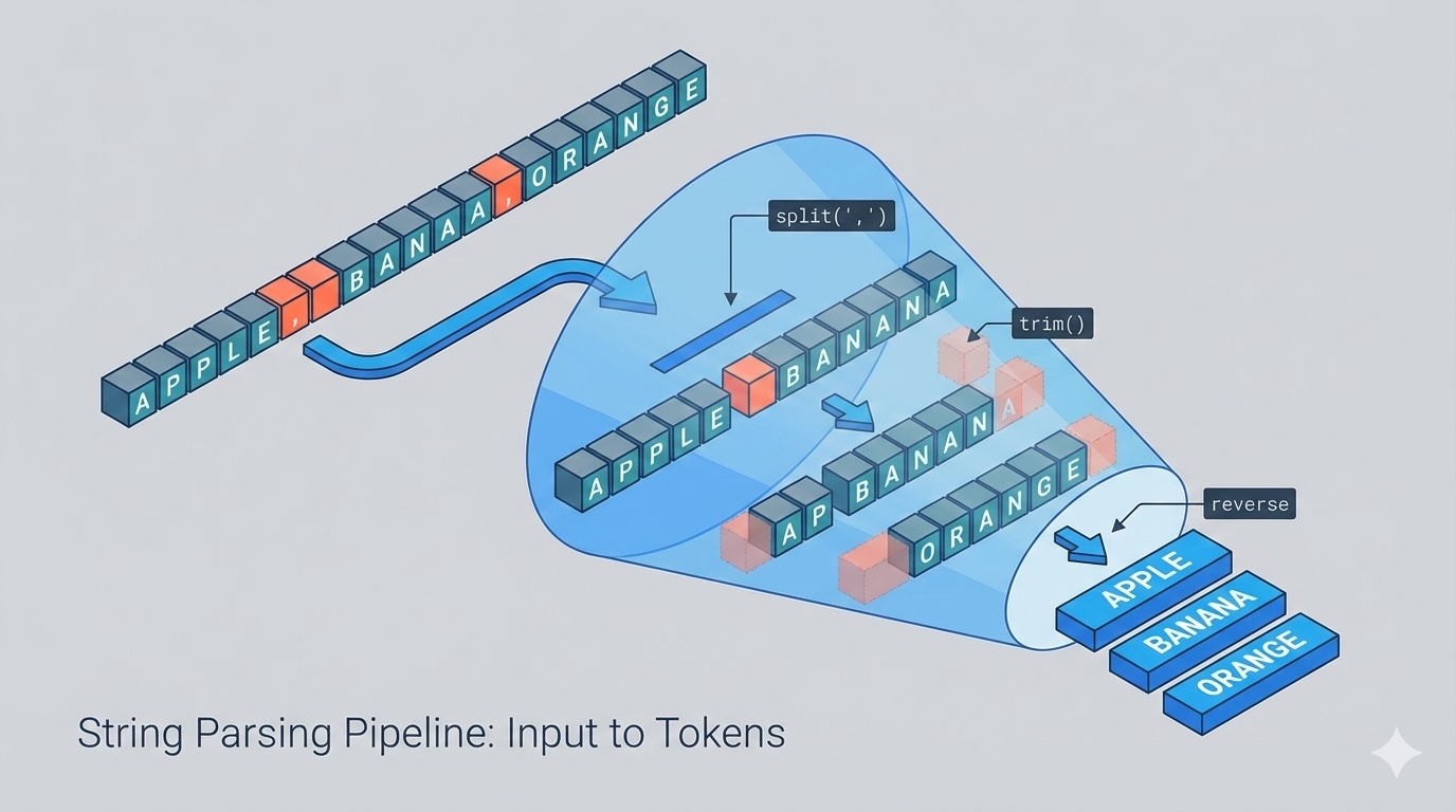 Technical diagram showing code structure with highlighted delimiters and parsed tokens flowing through a parsing pipeline